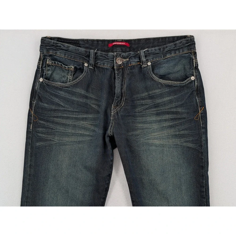 Y2K Unionbay Mens 36x32 Bootcut Jeans Dark Wash Faded Embroidered Pockets